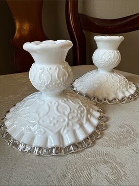 Fenton Spanish Lace Ruffled Silver Crest milk glass candlestick holders
